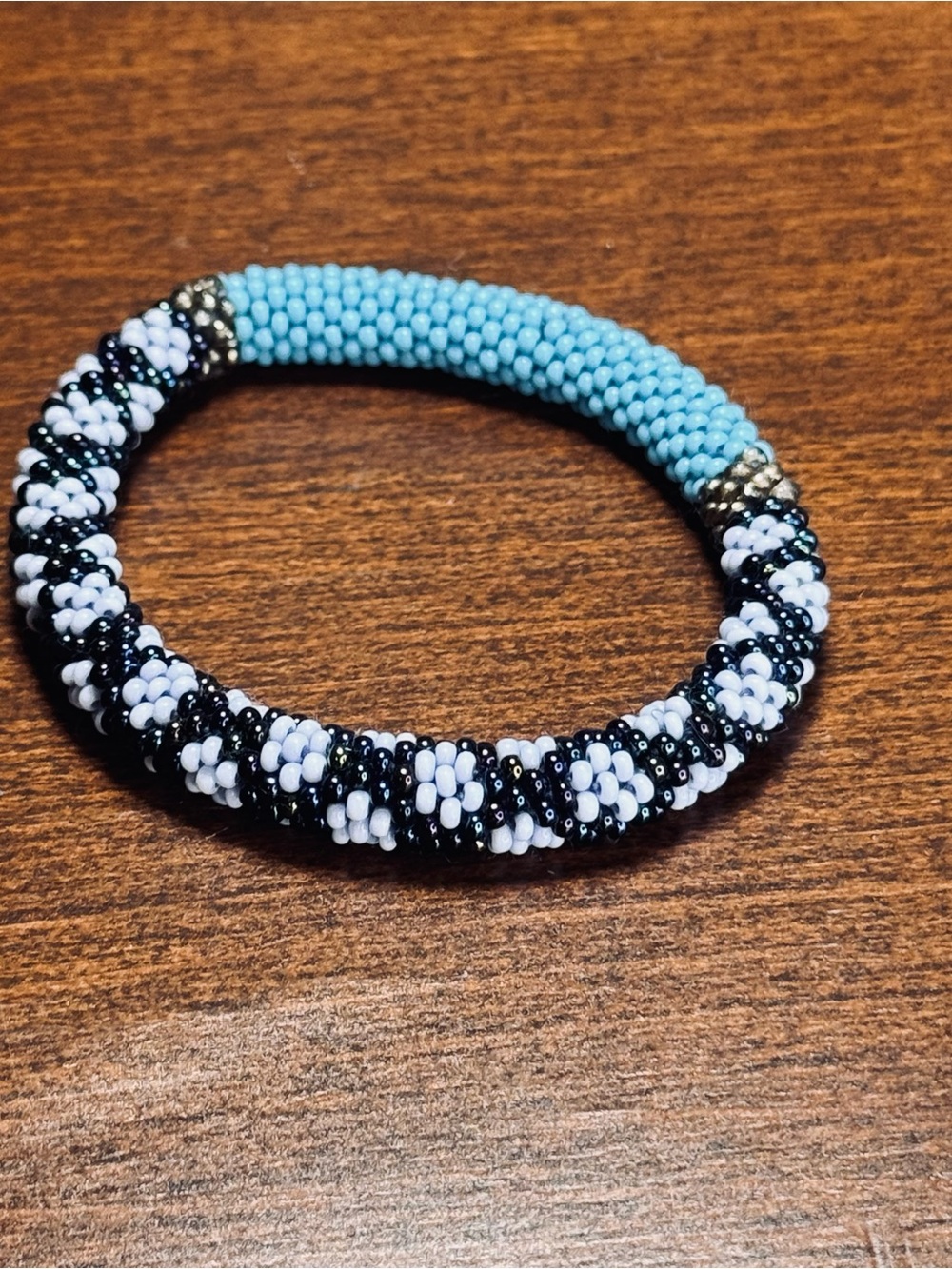 Aqua and Black Floral Seed Bead Bracelet